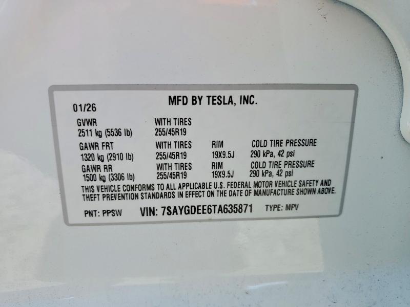 50079176 :رقم المزاد ، 7SAYGDEE6TA635871 vin ، 2026 Tesla Model Y مزاد بيع