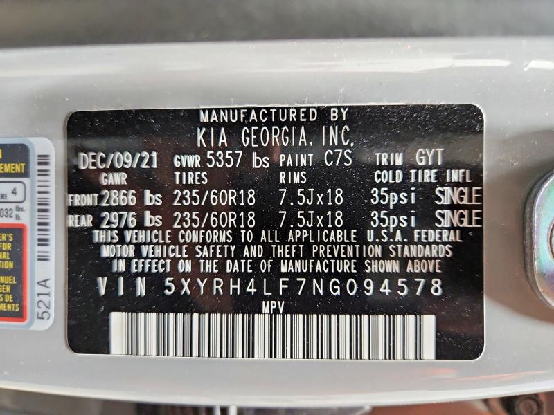 2022 Kia Sorento მანქანა იყიდება აუქციონზე, vin: 5XYRH4LF7NG094578, აუქციონის ნომერი: 49978726