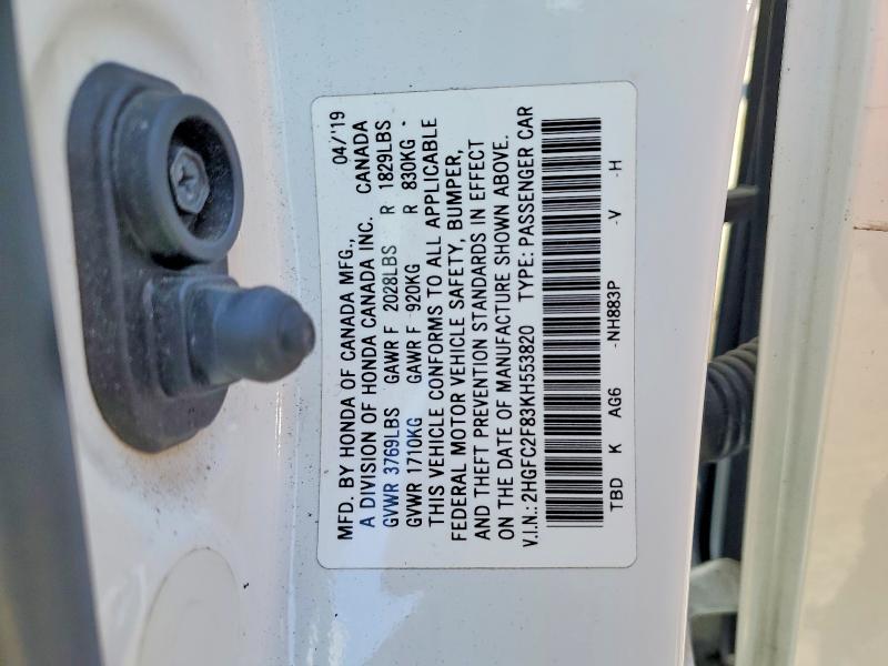 Продаж на аукціоні авто 2019 Honda Civic, vin: 2HGFC2F83KH553820, номер лоту: 50972946