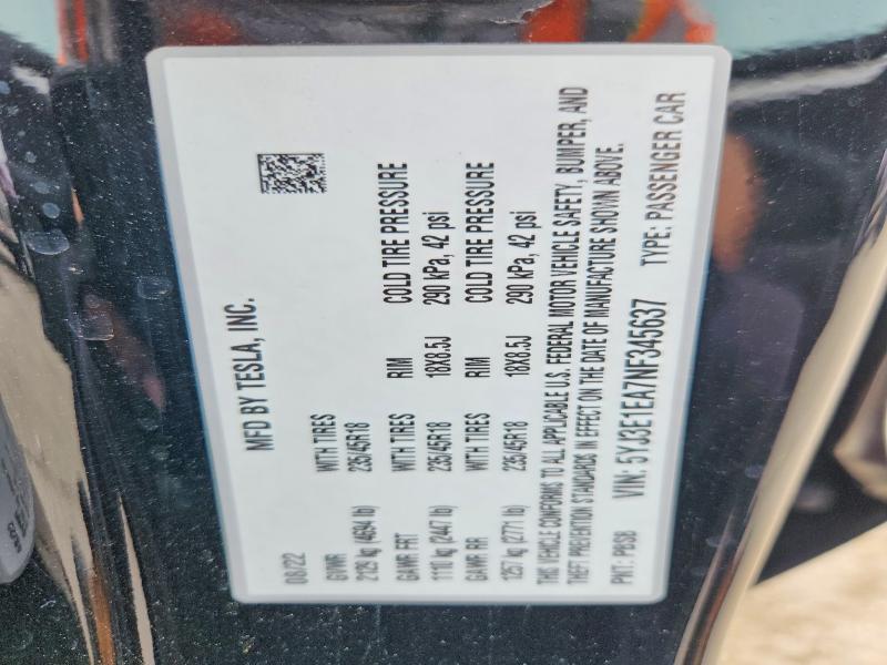 Aukcja sprzedaży 2022 Tesla Model 3, vin: 5YJ3E1EA7NF345637, numer aukcji: 48350966