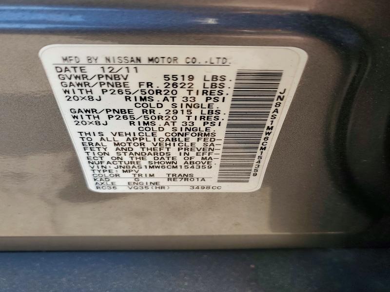 51043446 :رقم المزاد ، JN8AS1MW6CM154359 vin ، 2012 Infiniti Fx35 مزاد بيع