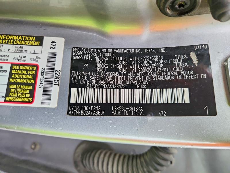 51581936 :رقم المزاد ، 5TFUY5F1XAX138175 vin ، 2010 Toyota Tundra مزاد بيع