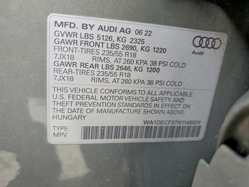 Aukcja sprzedaży 2022 Audi Q3, vin: WA1DECF37N1148504, numer aukcji: 49790756