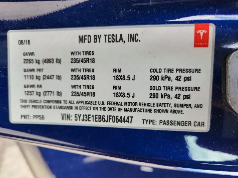 2018 Tesla Model 3 მანქანა იყიდება აუქციონზე, vin: 5YJ3E1EB6JF064447, აუქციონის ნომერი: 50712826