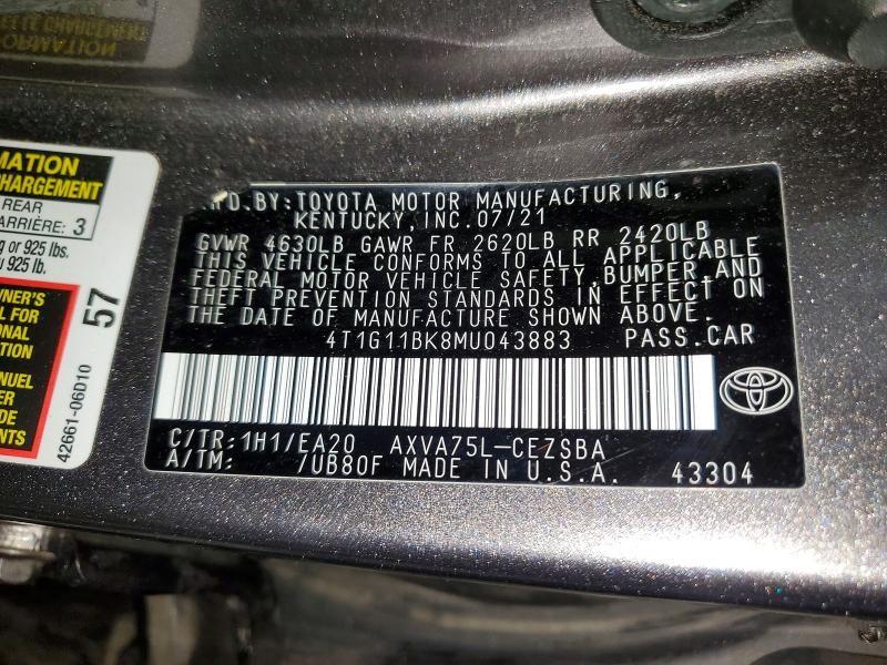 Aukcja sprzedaży 2021 Toyota Camry, vin: 4T1G11BK8MU043883, numer aukcji: 50661596