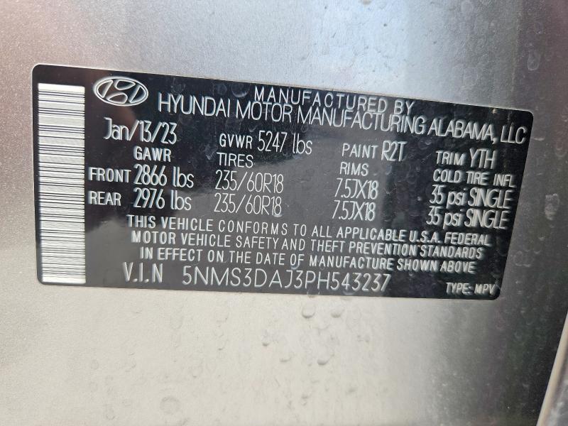 2023 Hyundai Santa Fe მანქანა იყიდება აუქციონზე, vin: 5NMS3DAJ3PH543237, აუქციონის ნომერი: 49073836