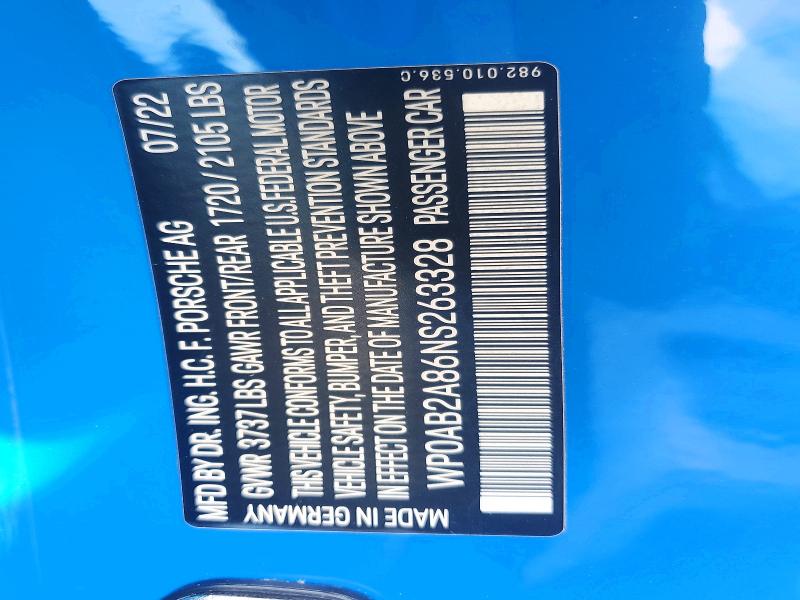 51776836 :رقم المزاد ، WP0AB2A86NS263328 vin ، 2022 Porsche Cayman مزاد بيع