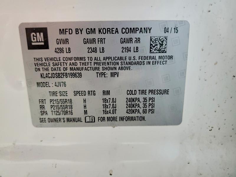 2015 Buick Encore მანქანა იყიდება აუქციონზე, vin: KL4CJDSB2FB199639, აუქციონის ნომერი: 49965126