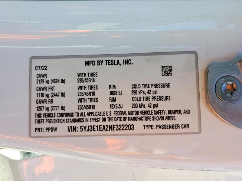 79960705 :رقم المزاد ، 5YJ3E1EA2NF322203 vin ، 2022 Tesla Model 3 مزاد بيع