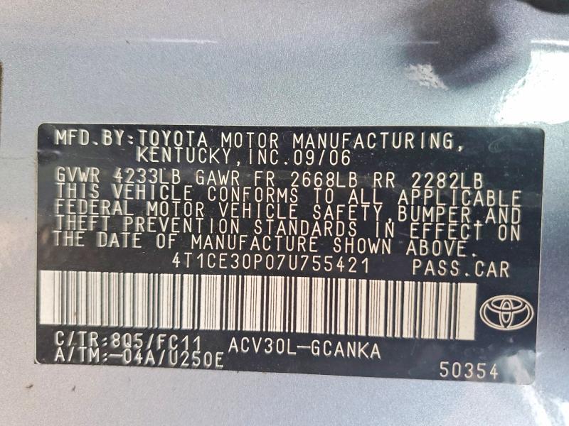 50823296 :رقم المزاد ، 4T1CE30P07U755421 vin ، 2007 Toyota Camry Solara مزاد بيع