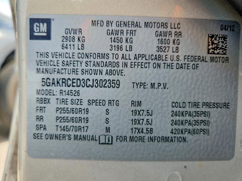 Aukcja sprzedaży 2012 Buick Enclave, vin: 5GAKRCED3CJ302359, numer aukcji: 48646286