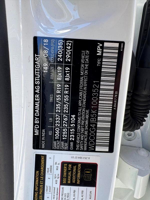 Aukcja sprzedaży 2019 Mercedes-benz Glc, vin: WDC0G4JB5K1003521, numer aukcji: 51319576