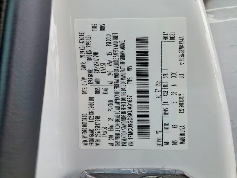 2019 Ford Escape მანქანა იყიდება აუქციონზე, vin: 1FMCU9GD8KUA91637, აუქციონის ნომერი: 48388776