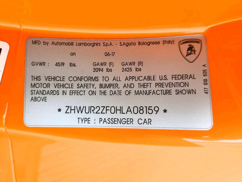 Продажа на аукционе авто 2017 Lamborghini Huracan, vin: ZHWUR2ZF0HLA08159, номер лота: 46892706