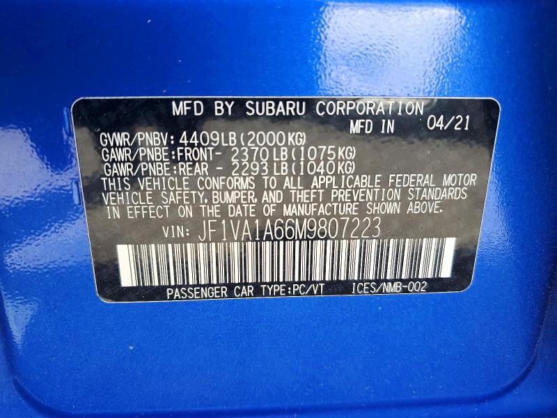 Auction sale of the 2021 Subaru Wrx, vin: JF1VA1A66M9807223, lot number: 48134776