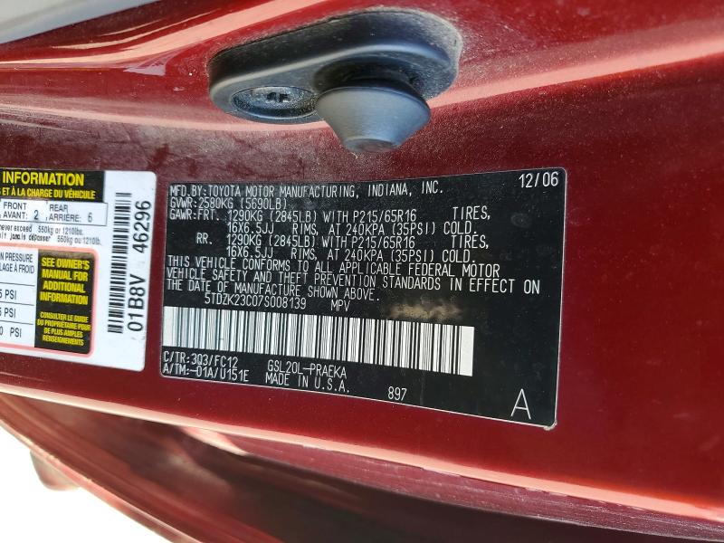 2007 Toyota Sienna მანქანა იყიდება აუქციონზე, vin: 5TDZK23C07S008139, აუქციონის ნომერი: 48938276