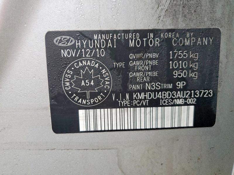 2010 Hyundai Elantra მანქანა იყიდება აუქციონზე, vin: KMHDU4BD3AU213723, აუქციონის ნომერი: 46696306