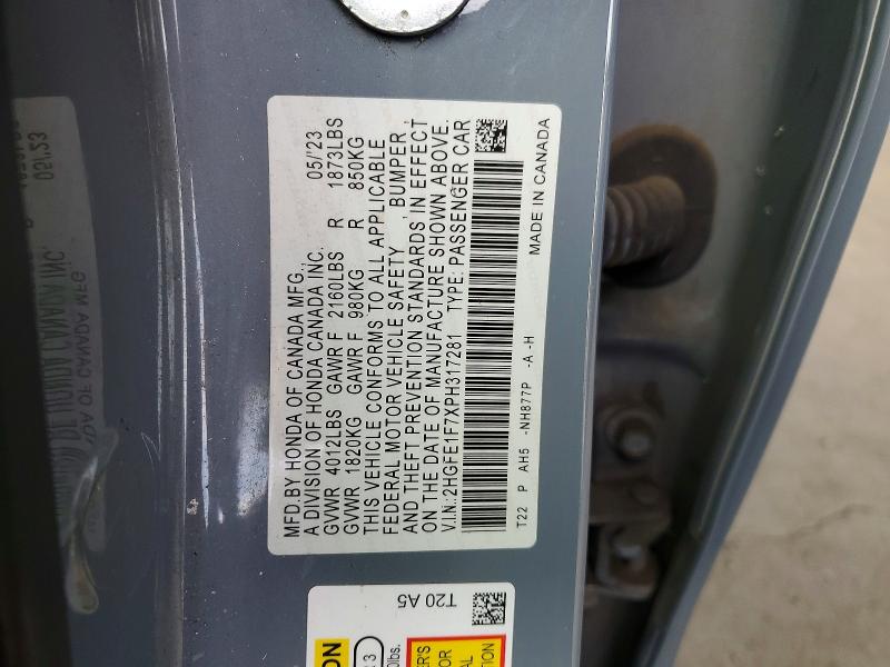49864736 :رقم المزاد ، 2HGFE1F7XPH317281 vin ، 2023 Honda Civic مزاد بيع