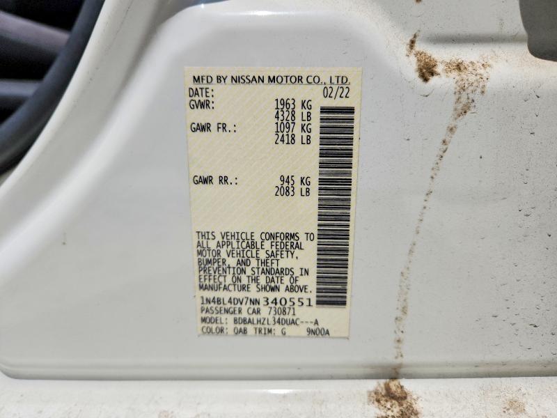 2022 Nissan Altima მანქანა იყიდება აუქციონზე, vin: 1N4BL4DV7NN340551, აუქციონის ნომერი: 50183236