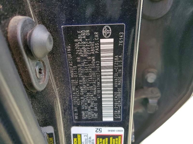 Auction sale of the 2019 Toyota Camry, vin: 4T1B11HK3KU734043, lot number: 50726526