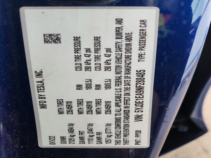Aukcja sprzedaży 2022 Tesla Model 3, vin: 5YJ3E1EA9NF288485, numer aukcji: 49664906