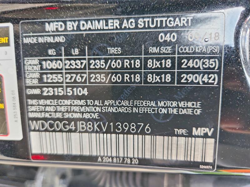 2019 Mercedes-benz Glc მანქანა იყიდება აუქციონზე, vin: WDC0G4JB8KV139876, აუქციონის ნომერი: 50595046