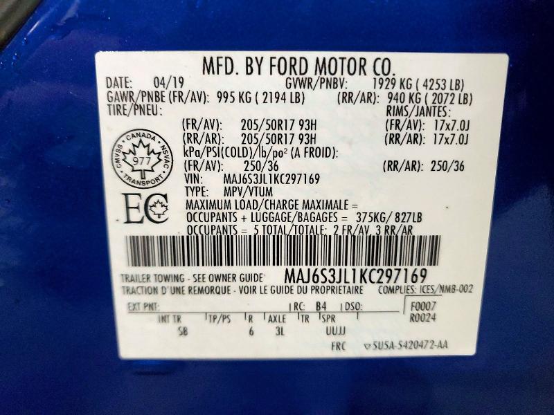 2019 Ford Ecosport მანქანა იყიდება აუქციონზე, vin: MAJ6S3JL1KC297169, აუქციონის ნომერი: 49665086