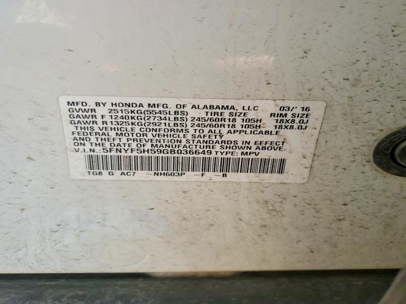 2016 Honda Pilot მანქანა იყიდება აუქციონზე, vin: 5FNYF5H59GB036649, აუქციონის ნომერი: 51462126