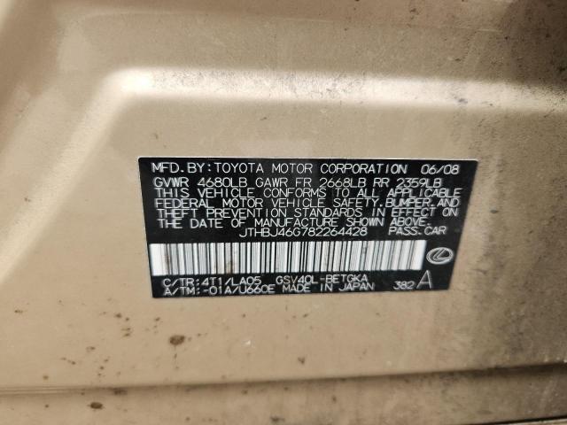 51182156 :رقم المزاد ، JTHBJ46G782264428 vin ، 2008 Lexus Es مزاد بيع