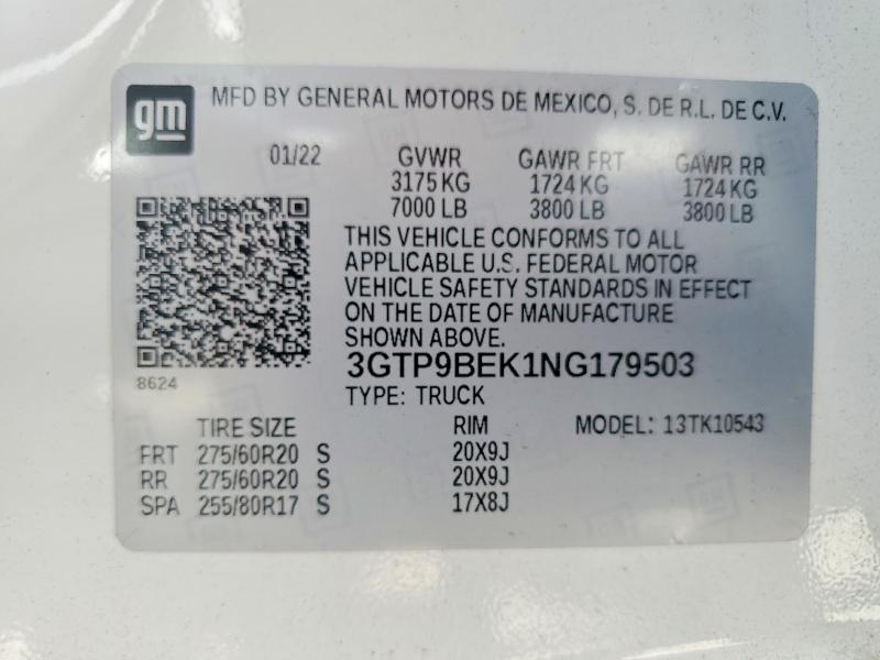 51112176 :رقم المزاد ، 3GTP9BEK1NG179503 vin ، 2022 Gmc Sierra Limited مزاد بيع