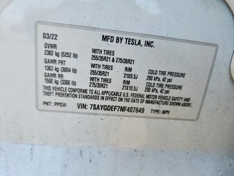 49236116 :رقم المزاد ، 7SAYGDEF7NF407649 vin ، 2022 Tesla Model Y مزاد بيع