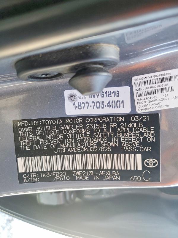 52051966 :رقم المزاد ، JTDEAMDE0MJ027828 vin ، 2021 Toyota Corolla مزاد بيع