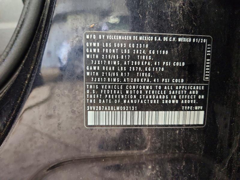 2020 Volkswagen Tiguan მანქანა იყიდება აუქციონზე, vin: 3VV2B7AX8LM092131, აუქციონის ნომერი: 50145726