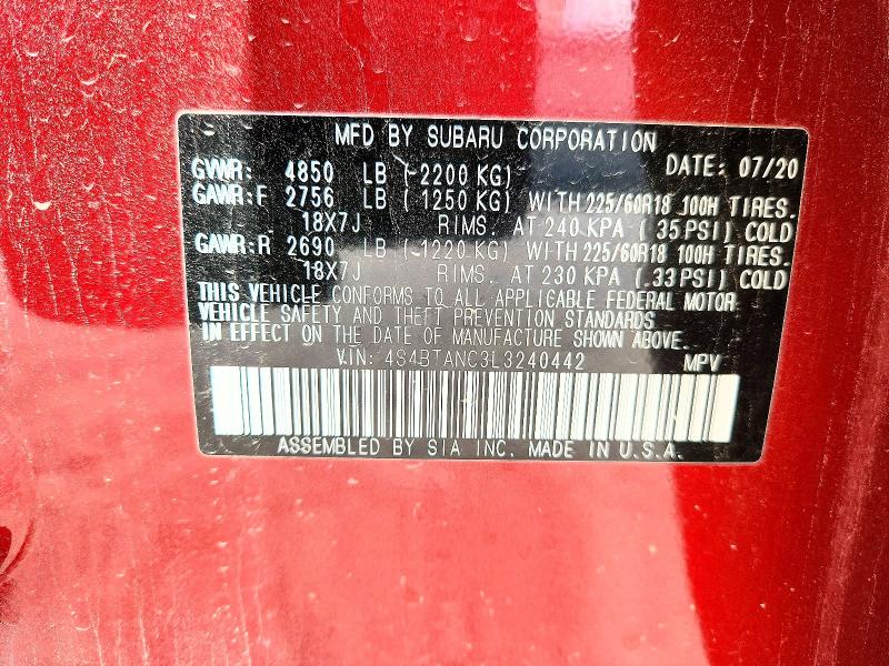 2020 Subaru Outback მანქანა იყიდება აუქციონზე, vin: 4S4BTANC3L3240442, აუქციონის ნომერი: 46118306