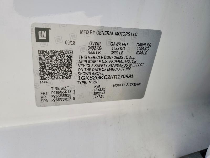 49325466 :رقم المزاد ، 1GKS2GKC2KR170981 vin ، 2019 Gmc Yukon Xl مزاد بيع