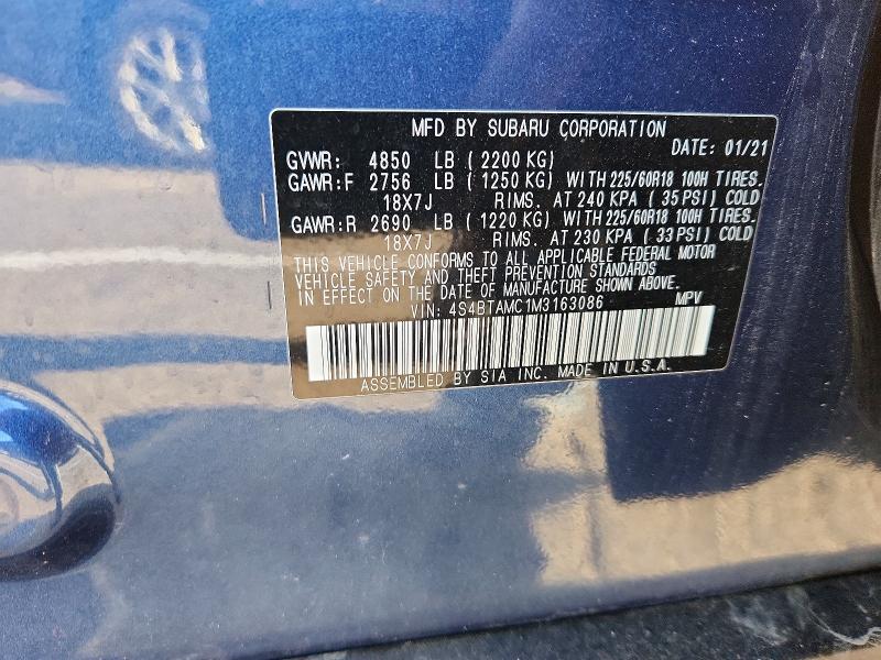 50686156 :رقم المزاد ، 4S4BTAMC1M3163086 vin ، 2021 Subaru Outback مزاد بيع
