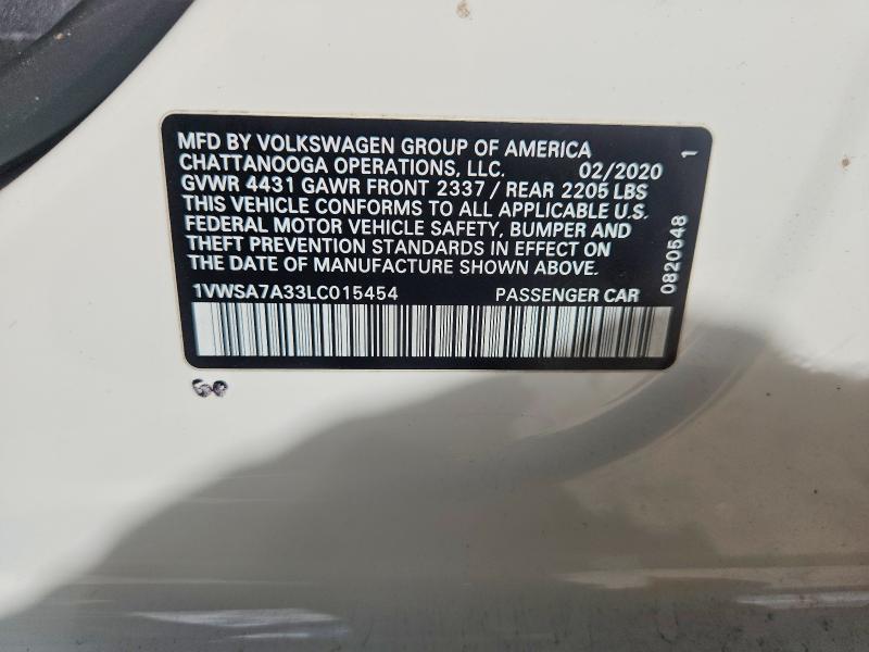 46776966 :رقم المزاد ، 1VWSA7A33LC015454 vin ، 2020 Volkswagen Passat مزاد بيع