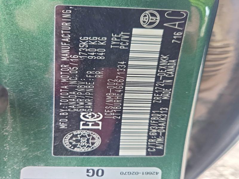 49067236 :رقم المزاد ، 2T1BURHE4GC671334 vin ، 2016 Toyota Corolla مزاد بيع
