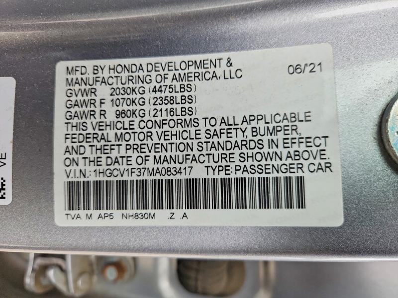 Продаж на аукціоні авто 2021 Honda Accord, vin: 1HGCV1F37MA083417, номер лоту: 51483596