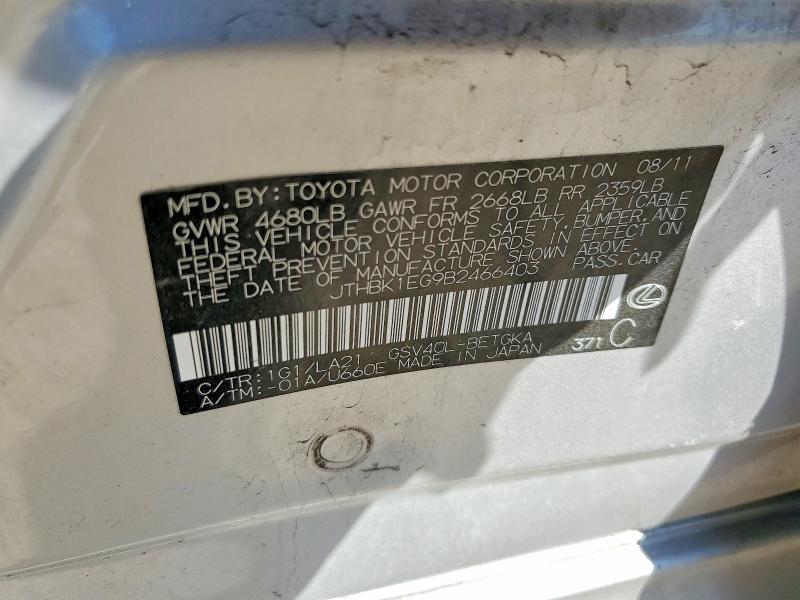 2011 Lexus Es მანქანა იყიდება აუქციონზე, vin: JTHBK1EG9B2466403, აუქციონის ნომერი: 49545216