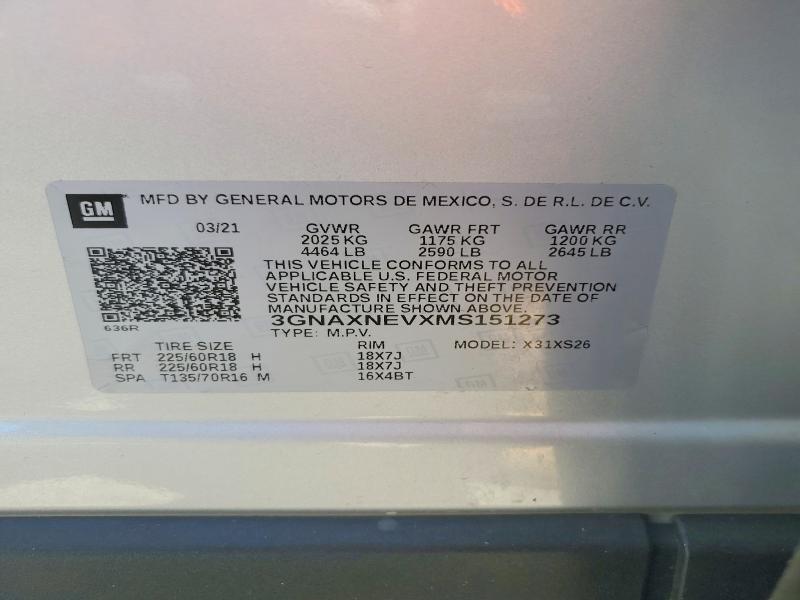 49837576 :رقم المزاد ، 3GNAXNEVXMS151273 vin ، 2021 Chevrolet Equinox مزاد بيع