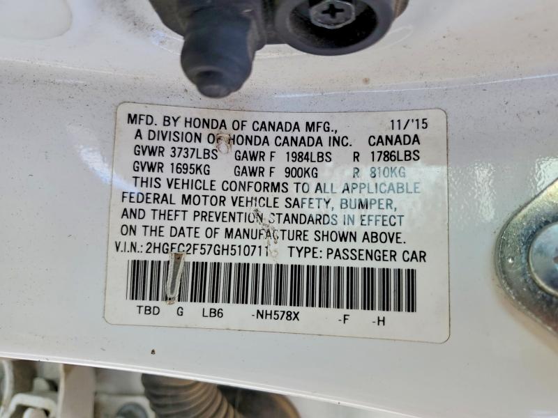 2016 Honda Civic მანქანა იყიდება აუქციონზე, vin: 2HGFC2F57GH510711, აუქციონის ნომერი: 50279776