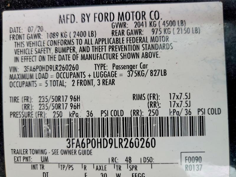 46636976 :رقم المزاد ، 3FA6P0HD9LR260260 vin ، 2020 Ford Fusion مزاد بيع