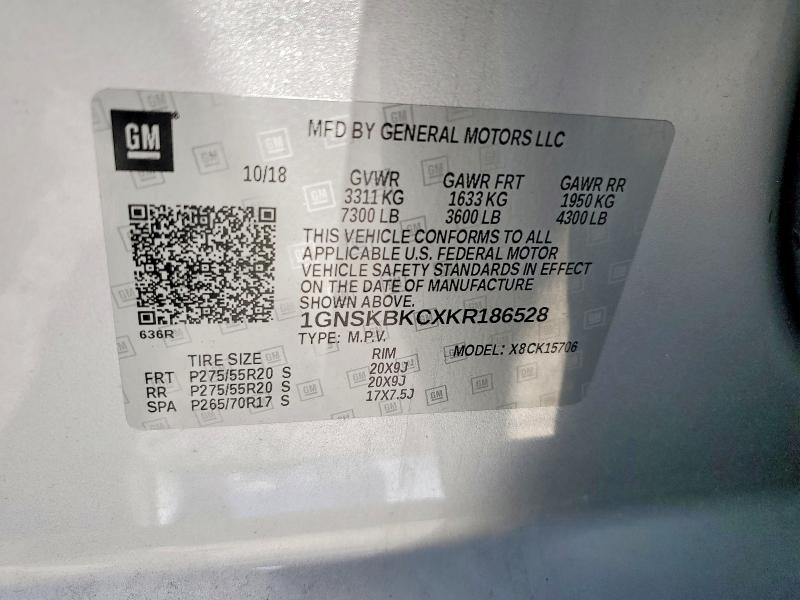 Aukcja sprzedaży 2019 Chevrolet Tahoe, vin: 1GNSKBKCXKR186528, numer aukcji: 49488896