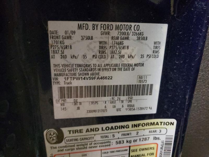 2009 Ford F150 მანქანა იყიდება აუქციონზე, vin: 1FTPW14V59FA46622, აუქციონის ნომერი: 51015406