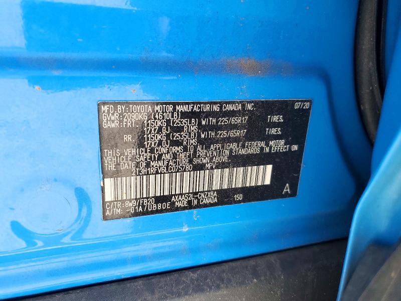 49187256 :رقم المزاد ، 2T3H1RFV6LC075780 vin ، 2020 Toyota Rav4 مزاد بيع