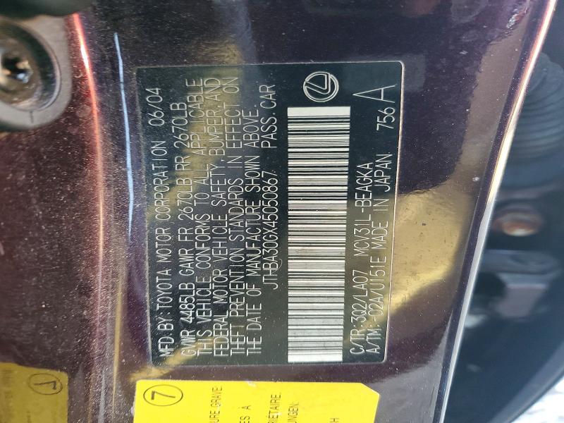 2004 Lexus Es მანქანა იყიდება აუქციონზე, vin: JTHBA30GX45050867, აუქციონის ნომერი: 51175276
