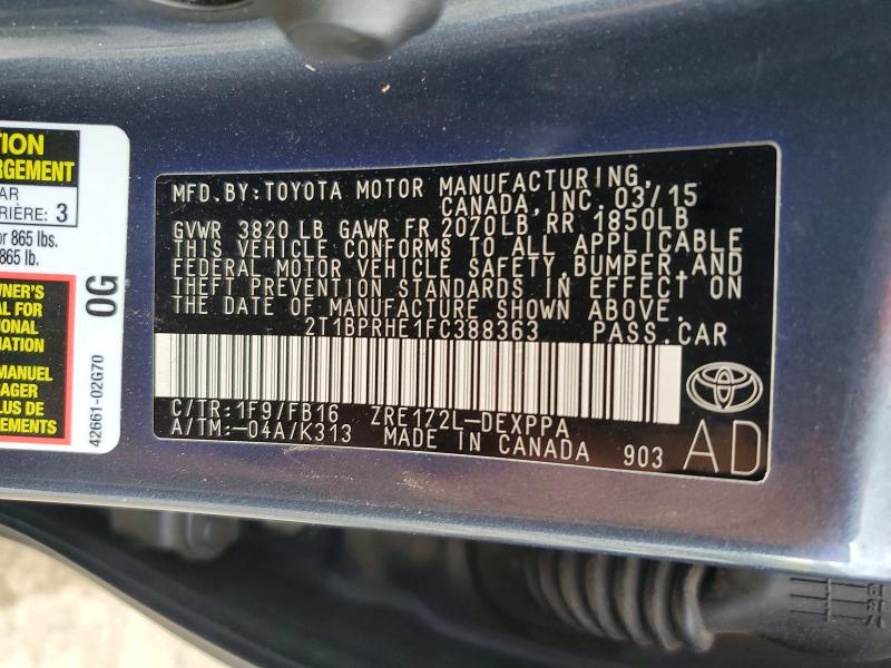 Продаж на аукціоні авто 2015 Toyota Corolla, vin: 2T1BPRHE1FC388363, номер лоту: 50618736