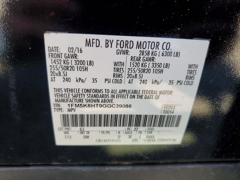 49307356 :رقم المزاد ، 1FM5K8HT9GGC39086 vin ، 2016 Ford Explorer مزاد بيع