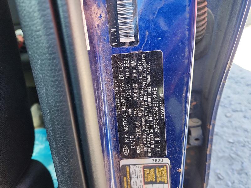 2019 Kia Forte მანქანა იყიდება აუქციონზე, vin: 3KPF34AD3KE118046, აუქციონის ნომერი: 49392466
